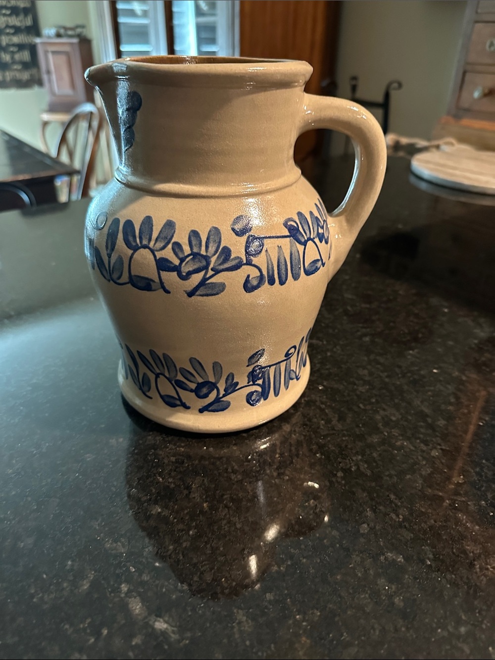 Handcrafted Ceramic Pitcher with Blue Floral Bands